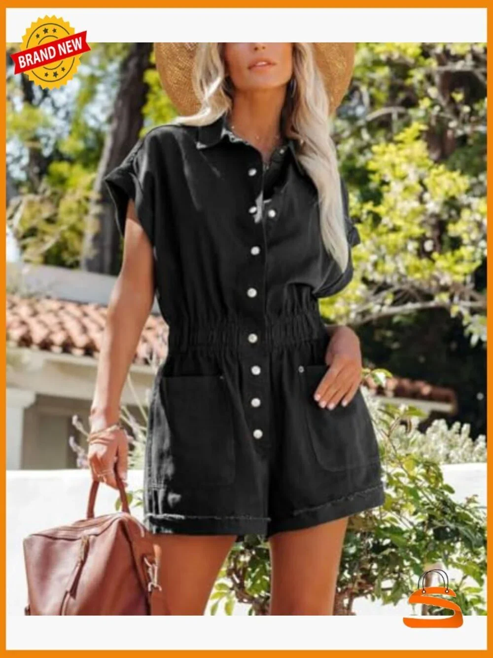 Cotton Short Sleeve Button Down Romper Jumpsuit Loose Fit